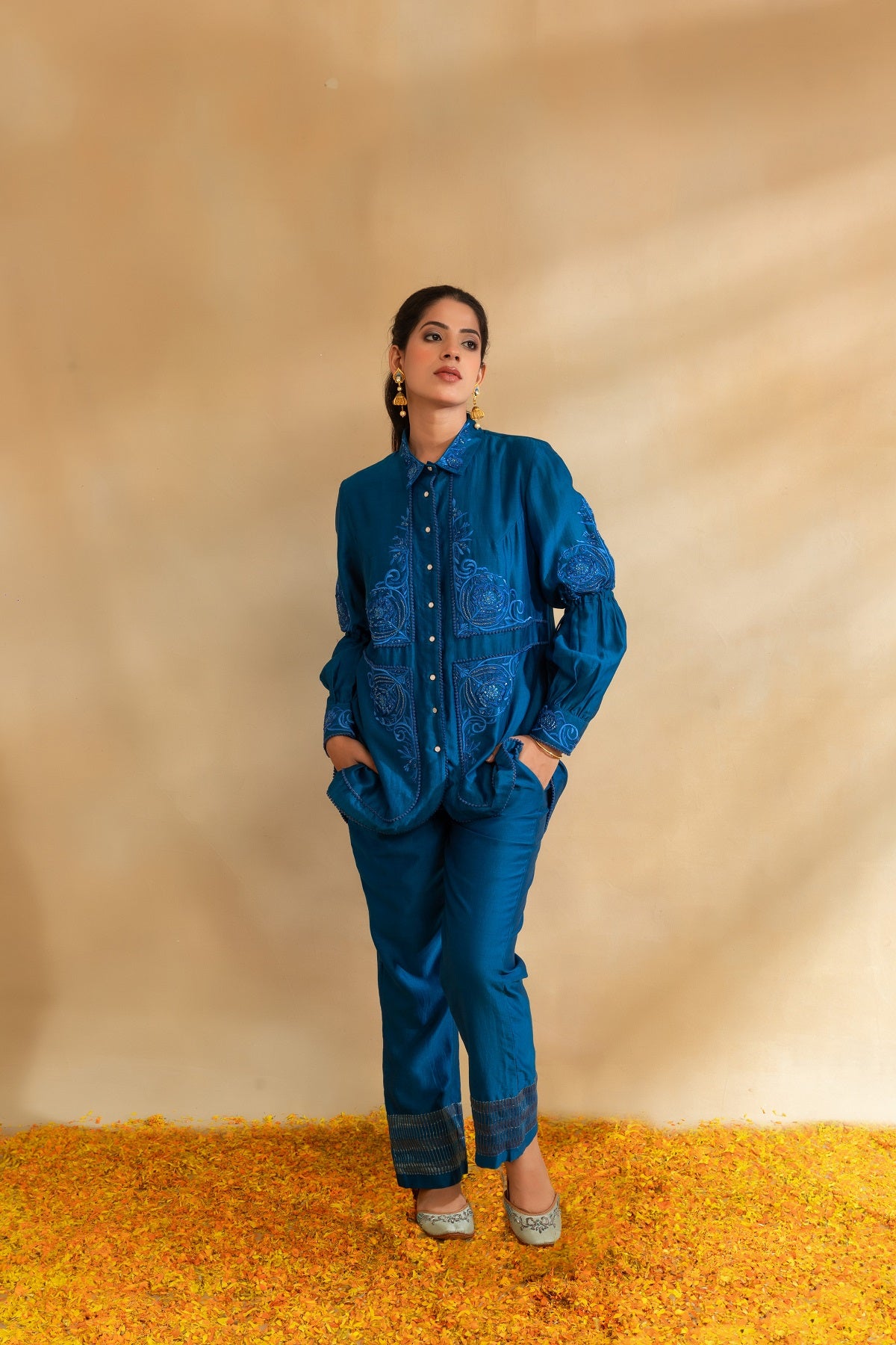 Peacock blue Silk chanderi shirt set and pant