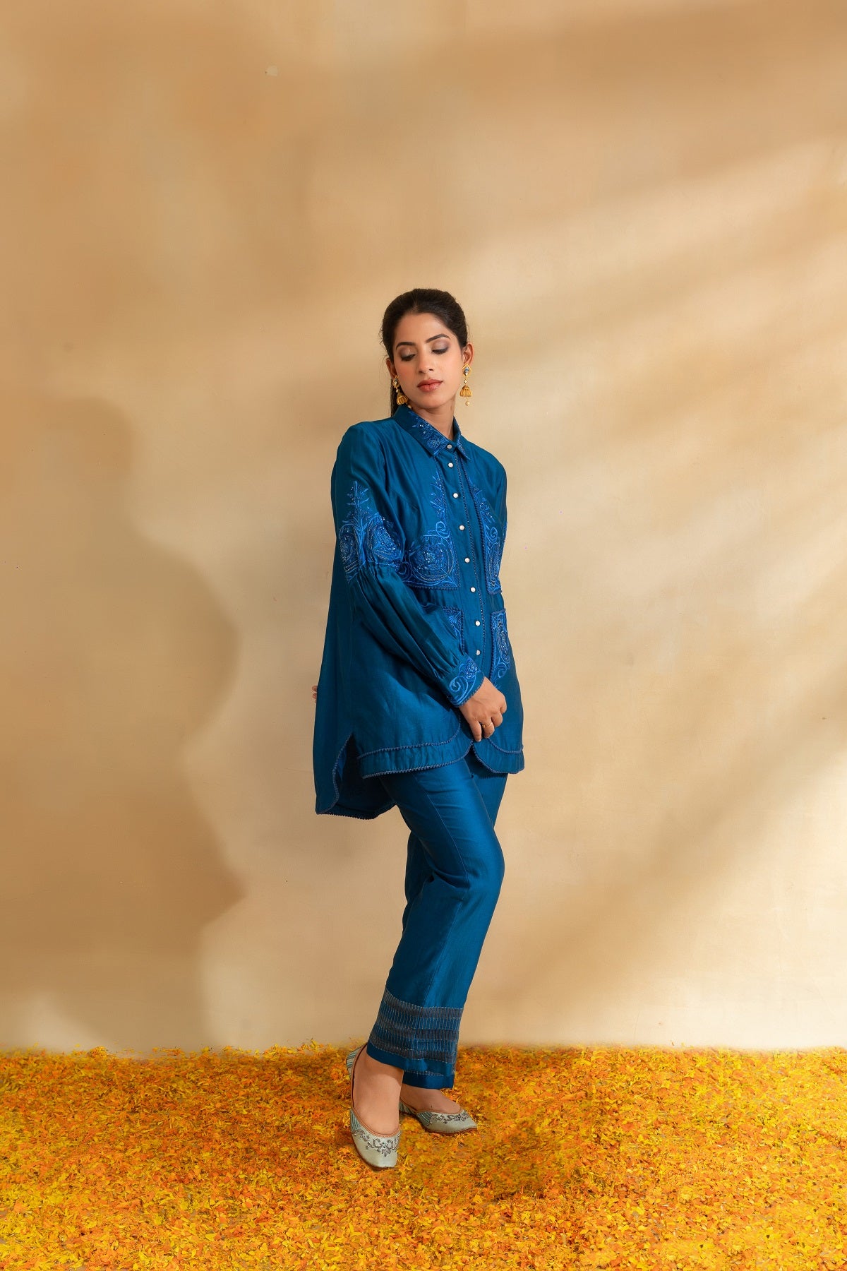 Peacock blue Silk chanderi shirt set and pant