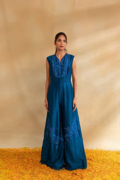 Peacock blue Silk chanderi Jumpsuit