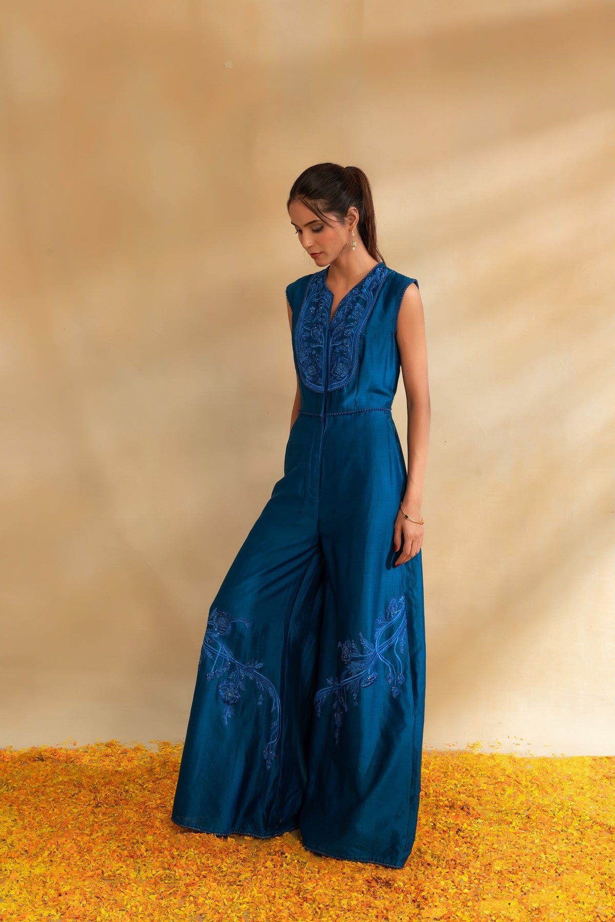 Peacock blue Silk chanderi Jumpsuit