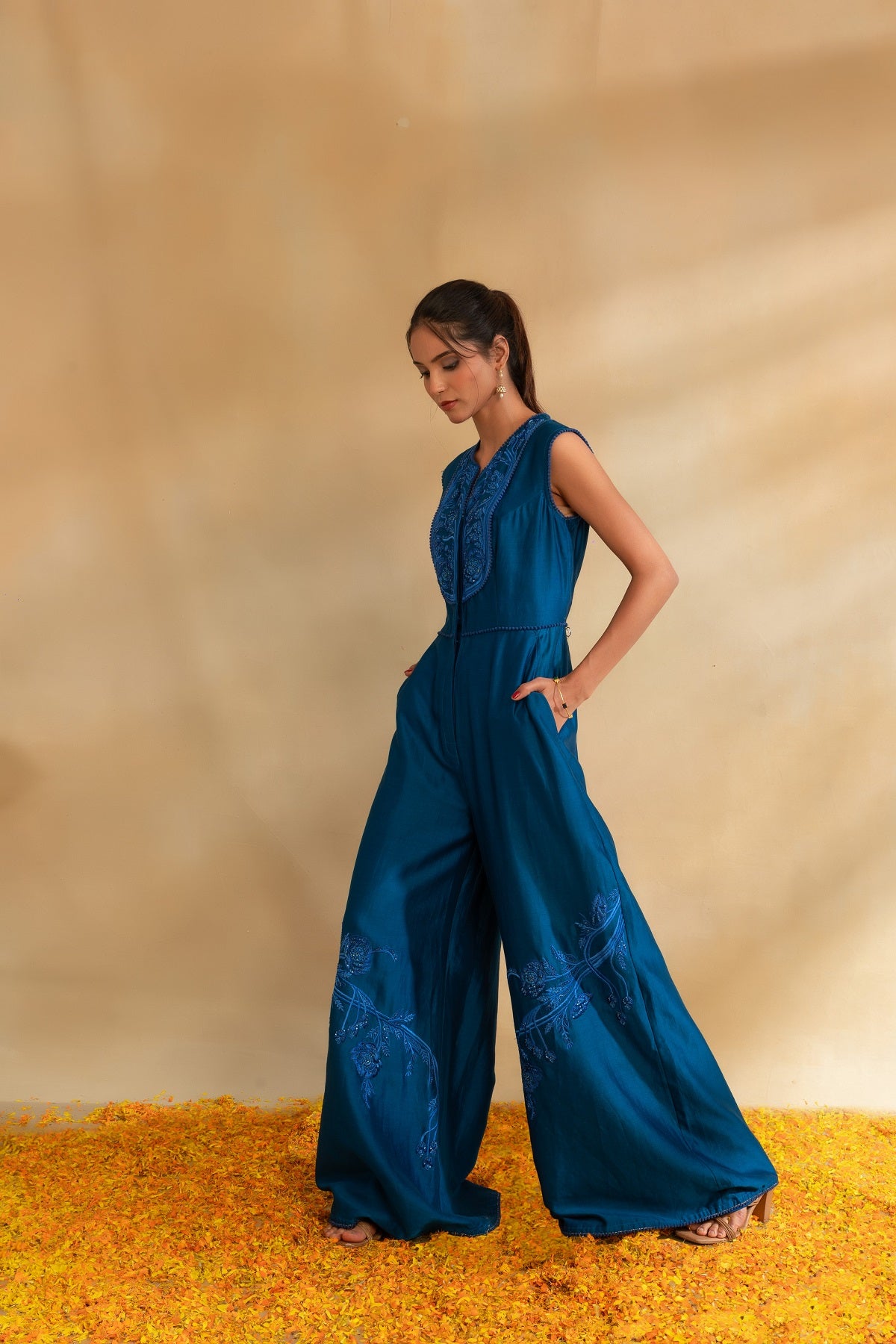 Peacock blue Silk chanderi Jumpsuit