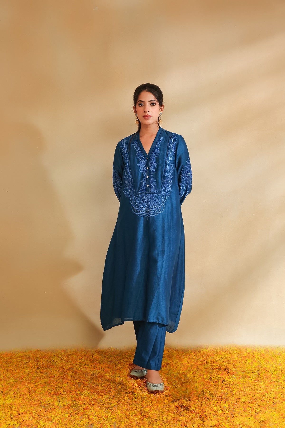 Peacock blue Silk chanderi tunic set and pant