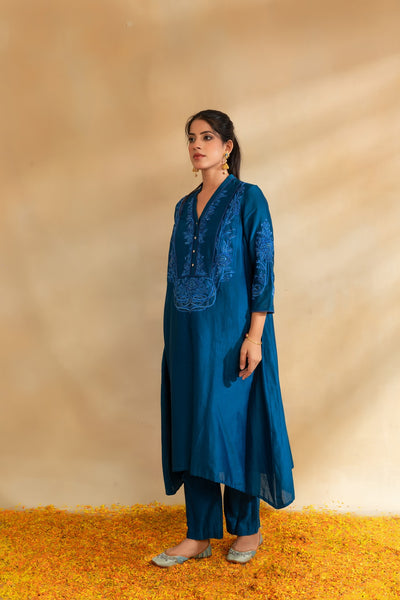 Peacock blue Silk chanderi tunic set and pant