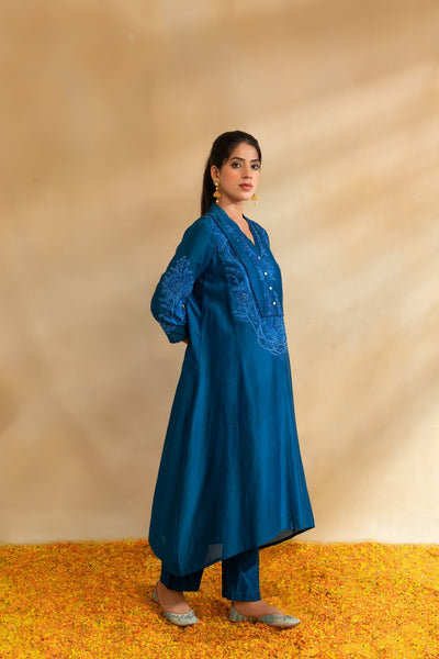 Peacock blue Silk chanderi tunic set and pant