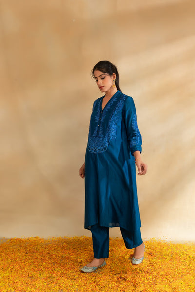 Peacock blue Silk chanderi tunic set and pant