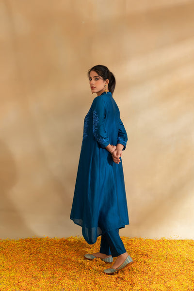 Peacock blue Silk chanderi tunic set and pant