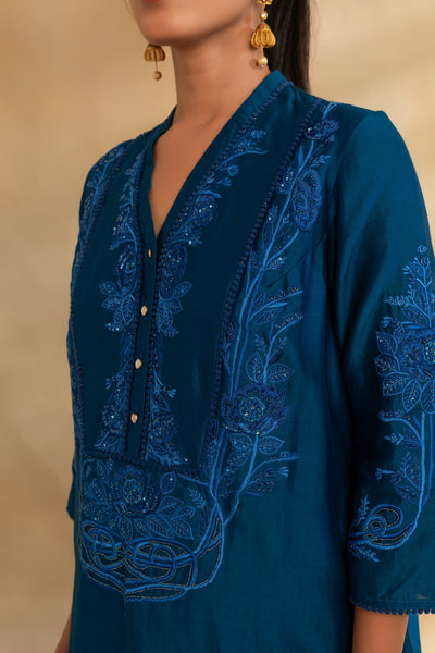 Peacock blue Silk chanderi tunic set and pant