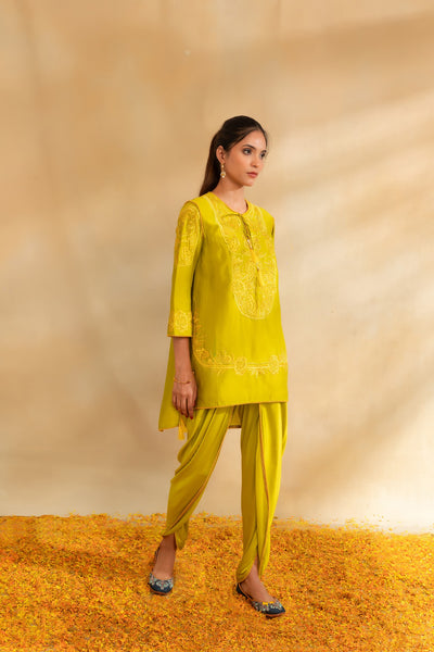 Lemon green silk chanderi kurti set