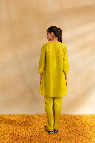 Lemon green silk chanderi kurti set