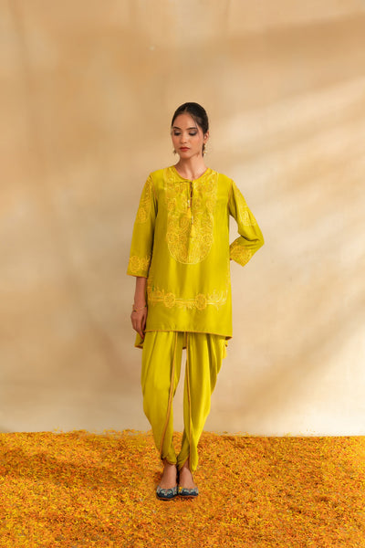 Lemon green silk chanderi kurti set