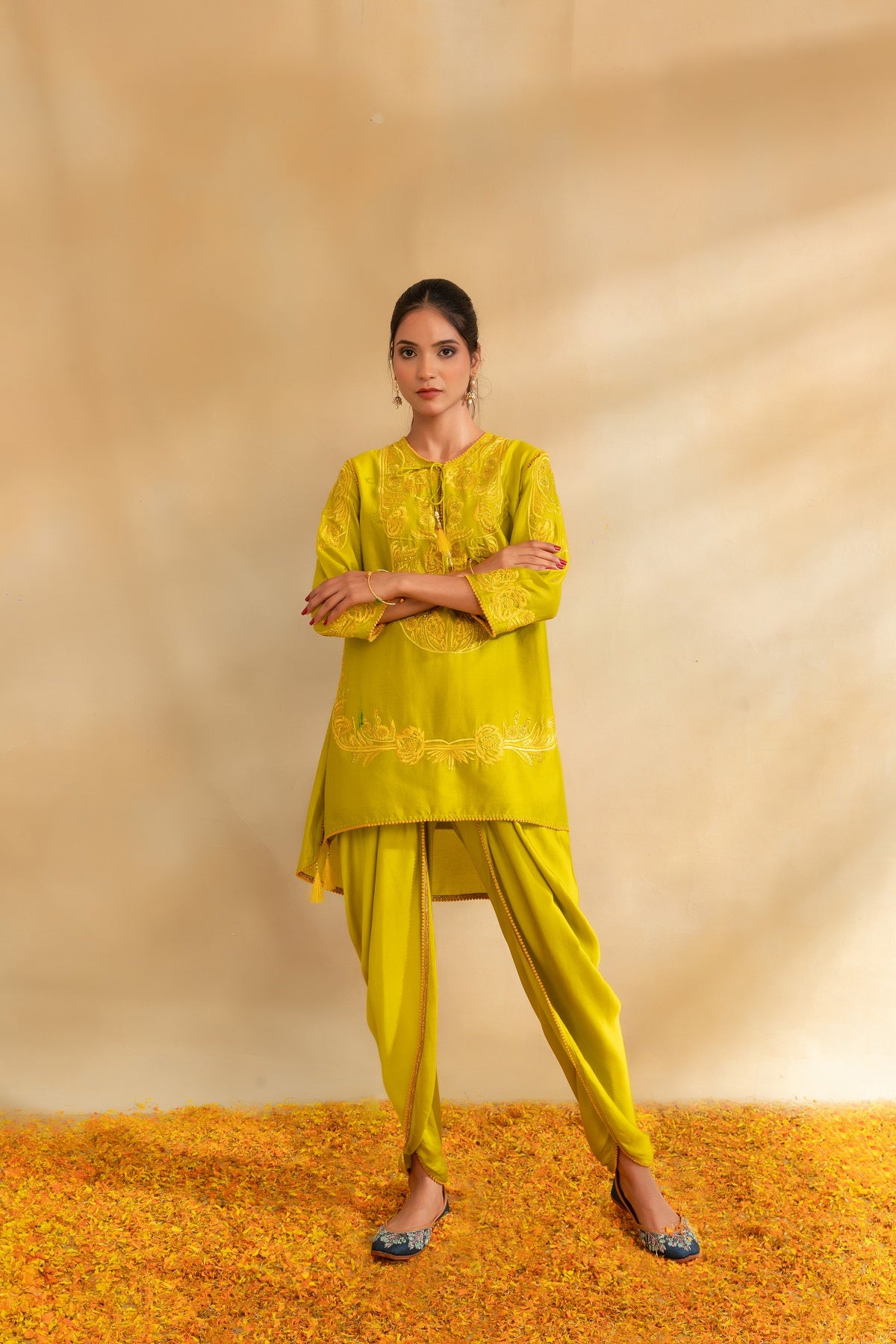 Lemon green silk chanderi kurti set