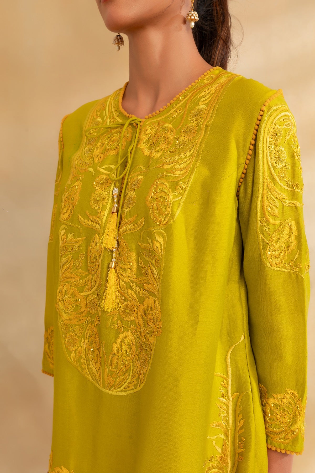 Lemon green silk chanderi kurti set