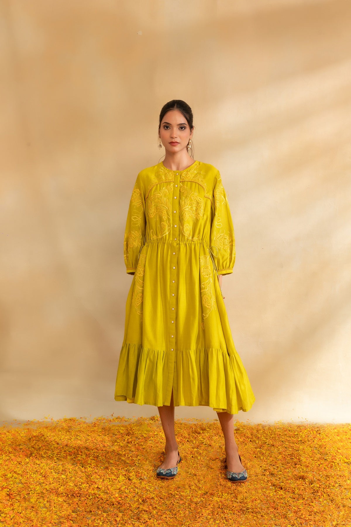 Lemon green chanderi dress