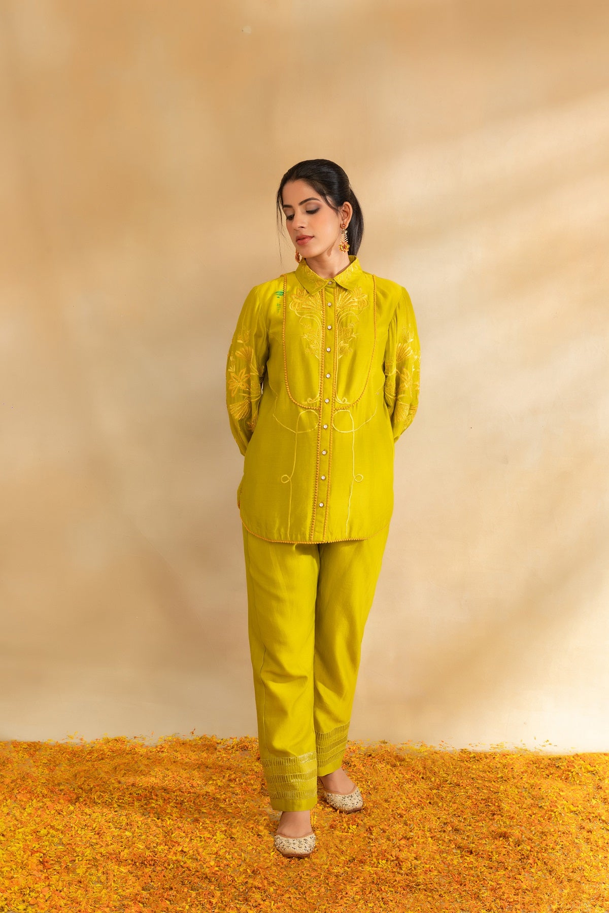 Lemon green chanderi shirt set and pant