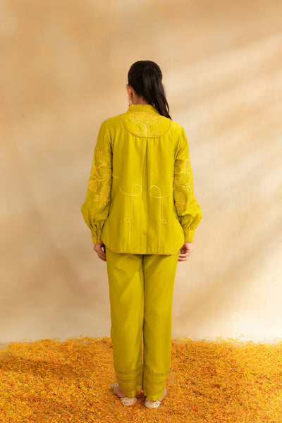 Lemon green chanderi shirt set and pant