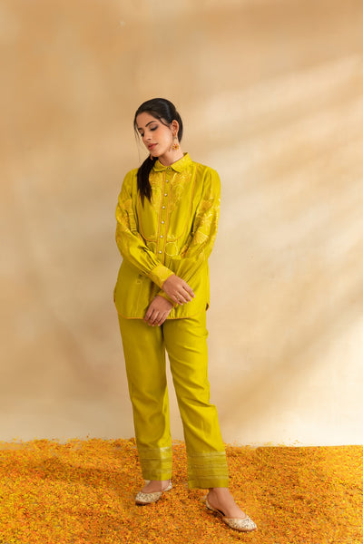 Lemon green chanderi shirt set and pant