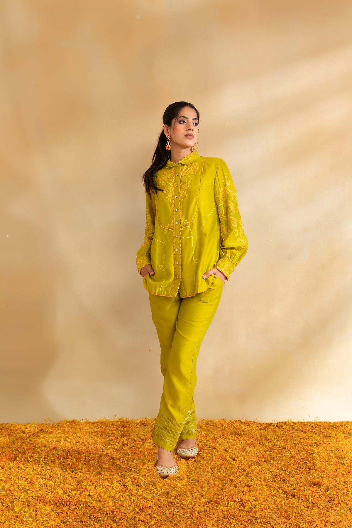 Lemon green chanderi shirt set and pant