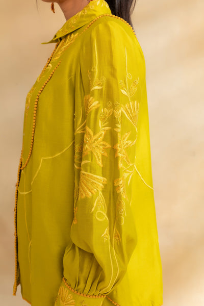 Lemon green chanderi shirt set and pant