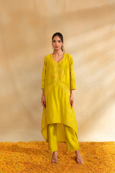 Lemon green Silk chanderi tunic set and pant