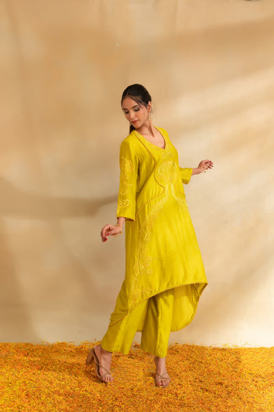 Lemon green Silk chanderi tunic set and pant