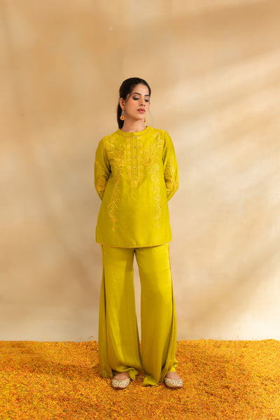 Lemon green silk chanderi top set