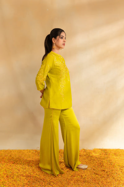 Lemon green silk chanderi top set