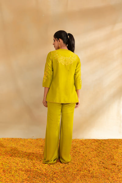 Lemon green silk chanderi top set