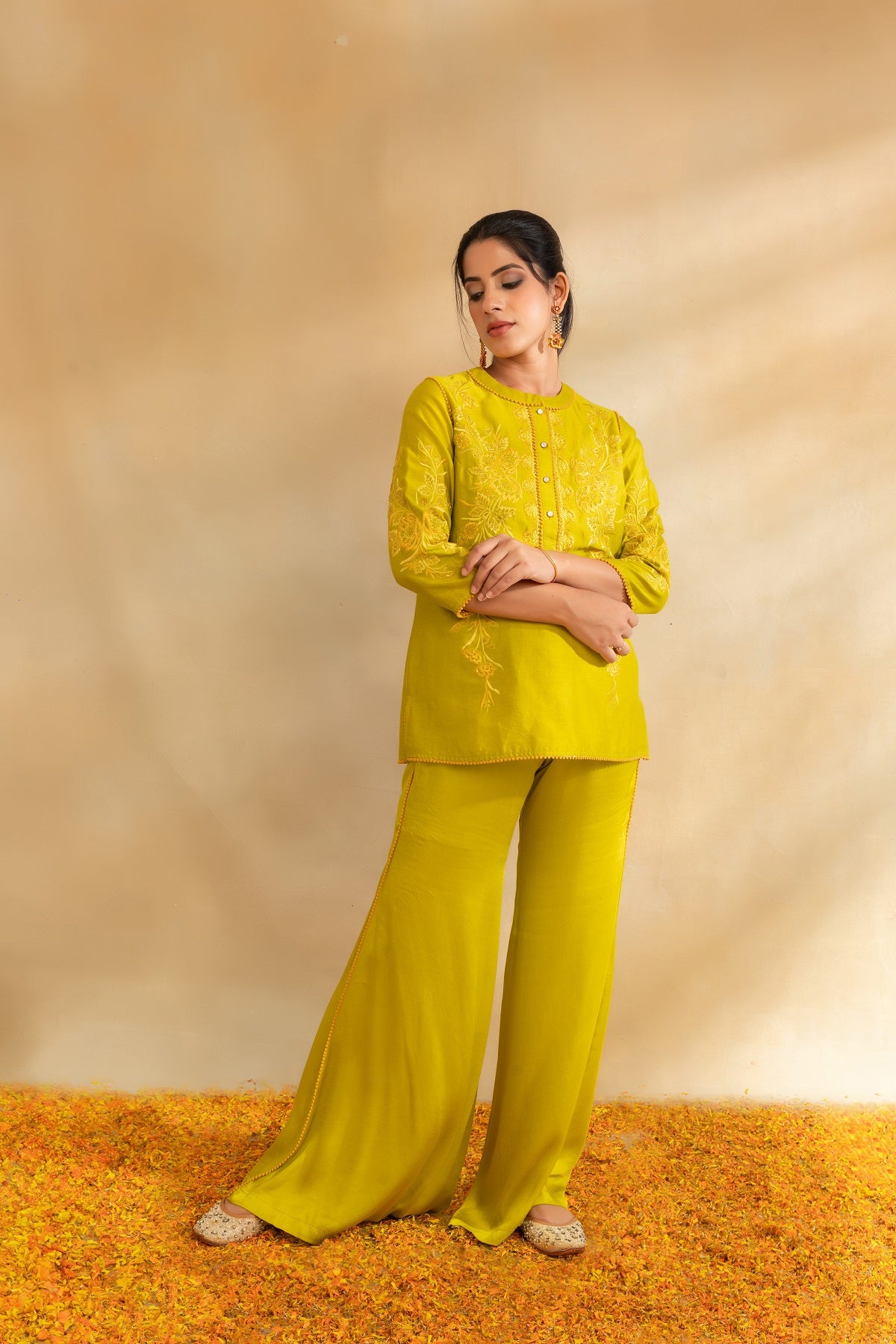 Lemon green silk chanderi top set