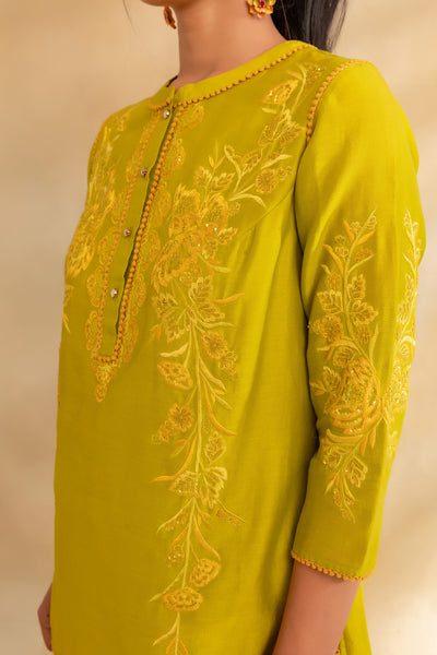 Lemon green silk chanderi top set