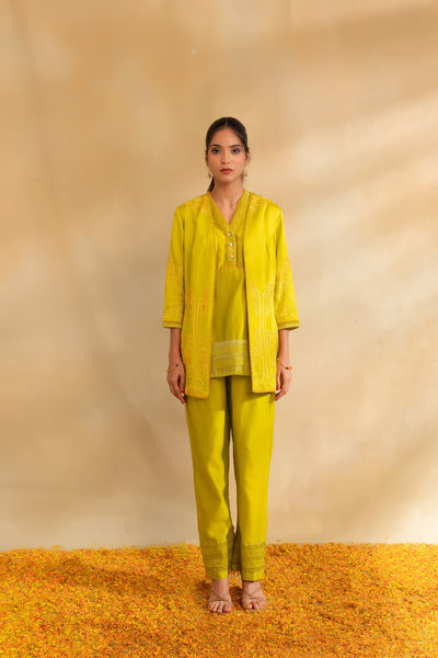 Lemon green silk chanderi top pant with modal satin jacket set