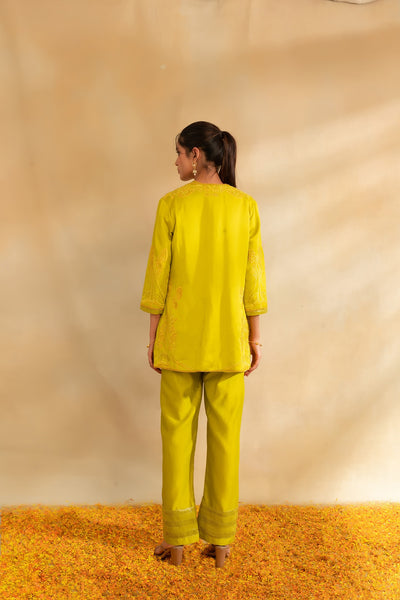 Lemon green silk chanderi top pant with modal satin jacket set