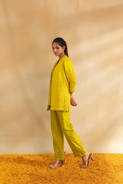 Lemon green silk chanderi top pant with modal satin jacket set