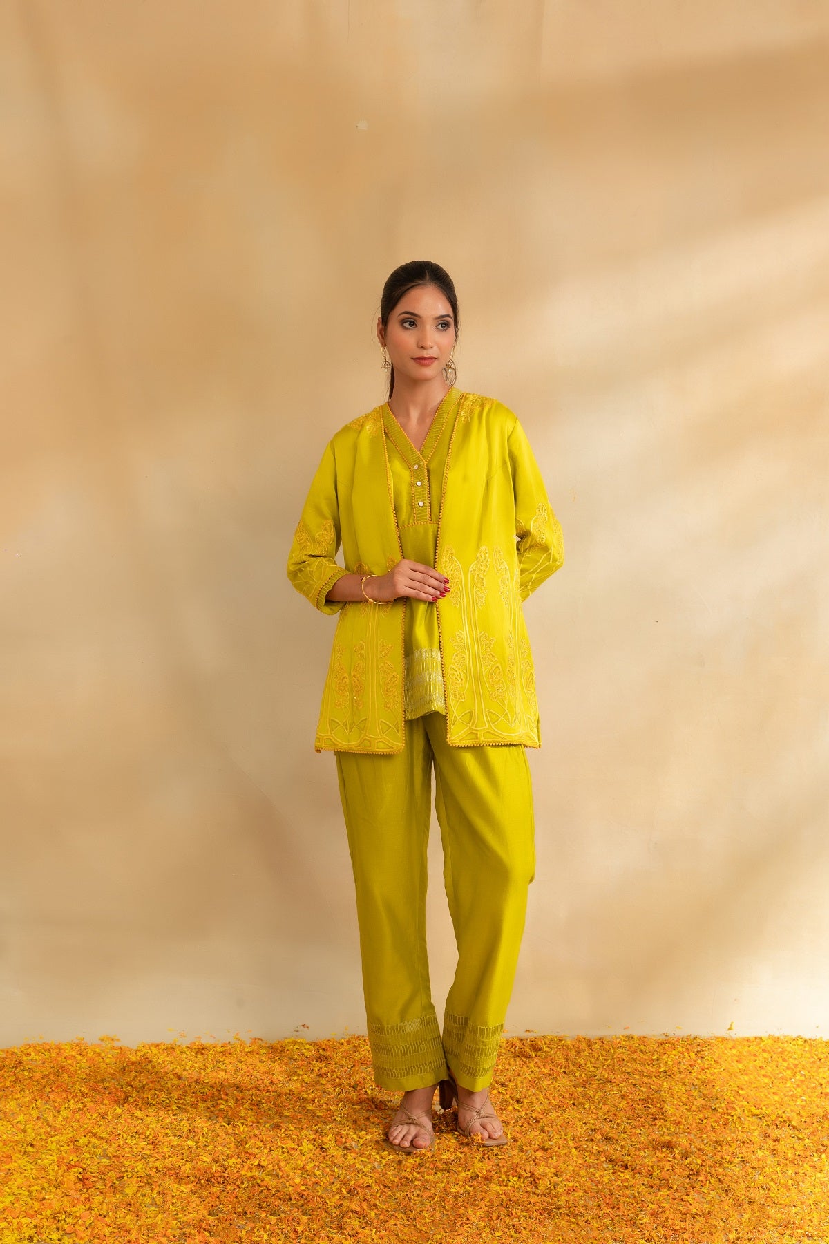 Lemon green silk chanderi top pant with modal satin jacket set