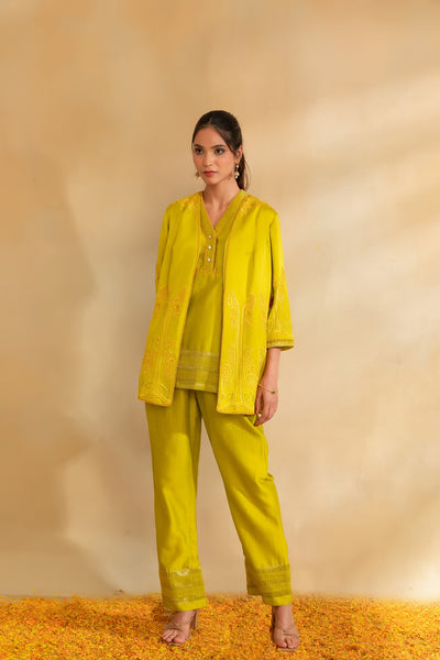 Lemon green silk chanderi top pant with modal satin jacket set