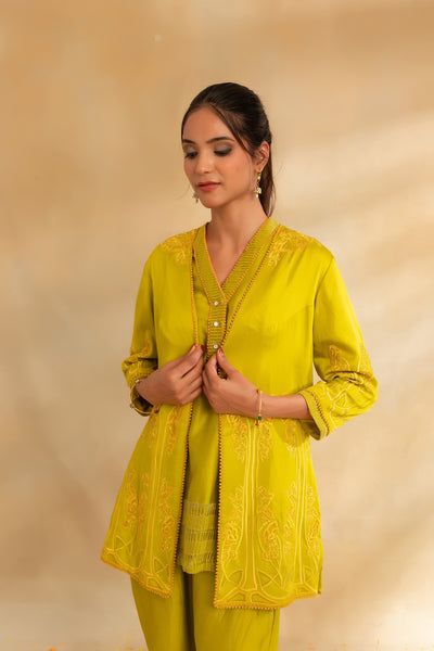 Lemon green silk chanderi top pant with modal satin jacket set