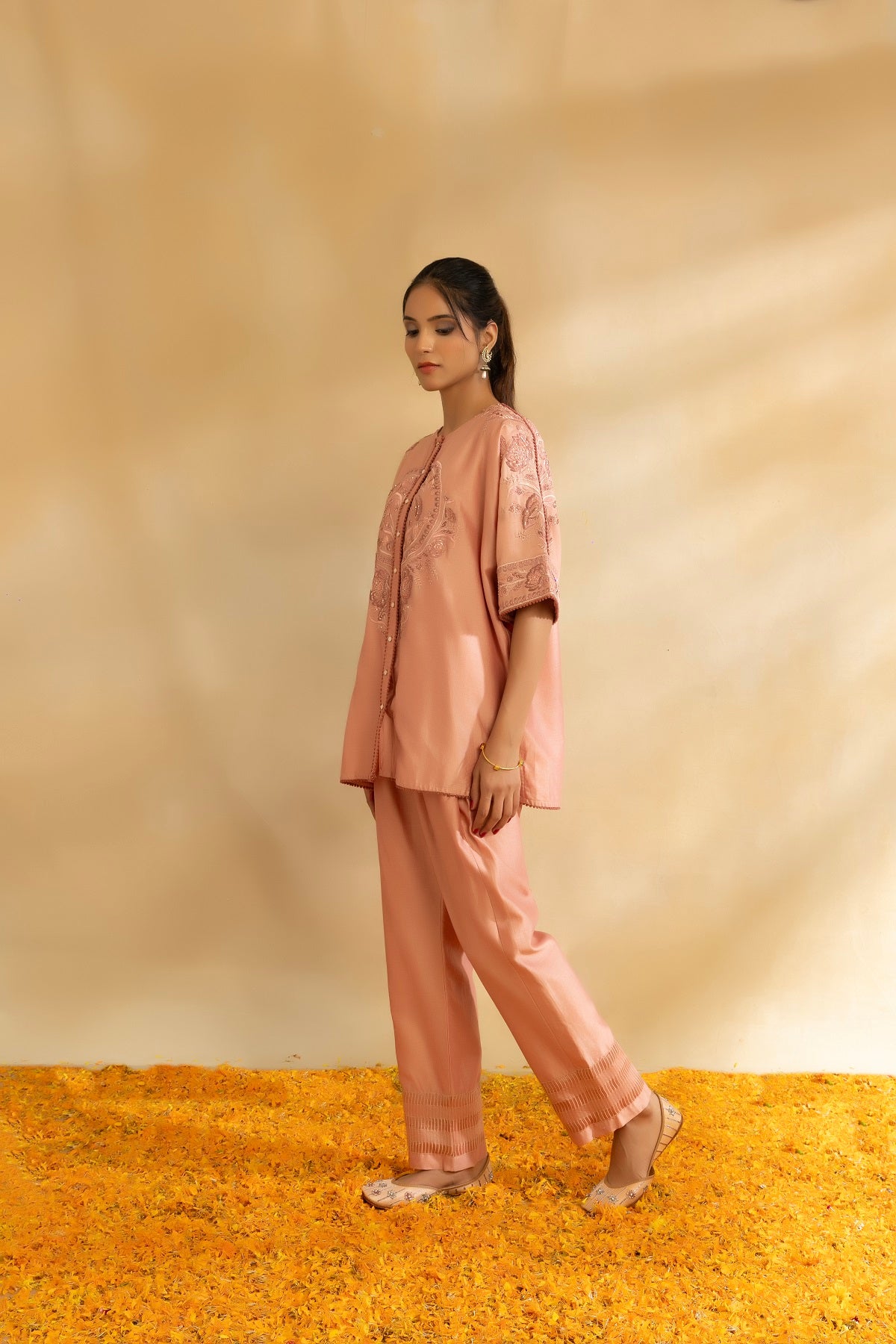 Rose gold silk chanderi Kaftan shirt set and pant