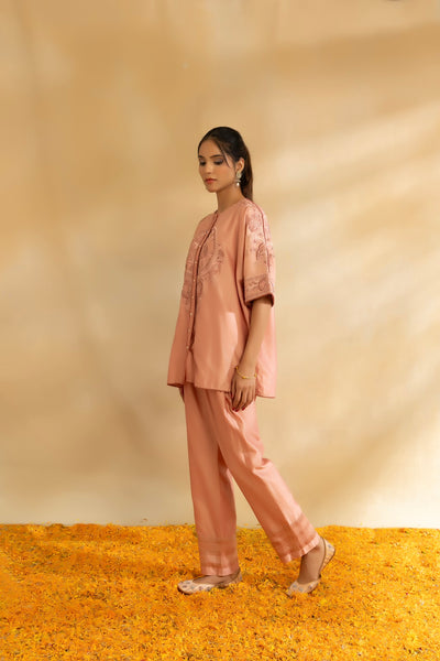 Rose gold silk chanderi Kaftan shirt set and pant