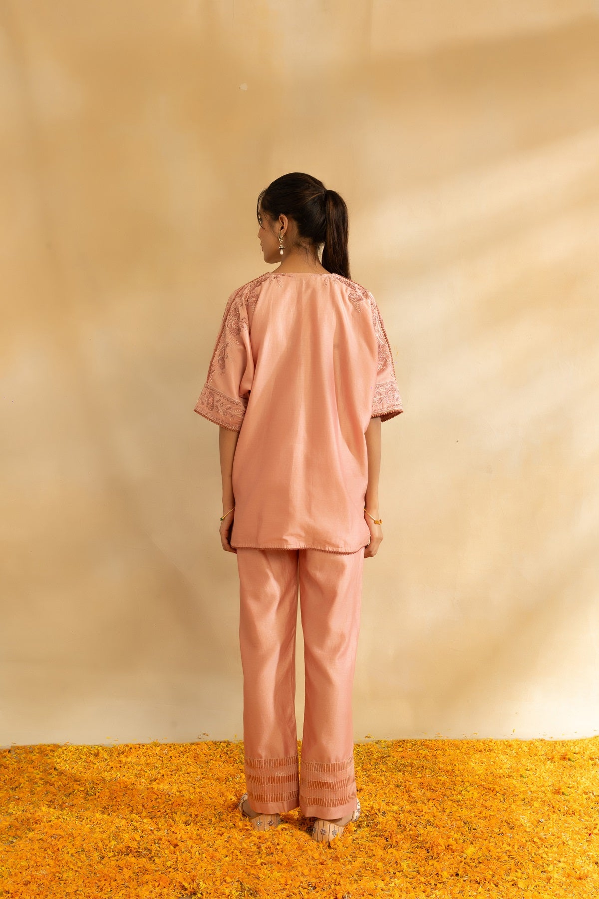 Rose gold silk chanderi Kaftan shirt set and pant