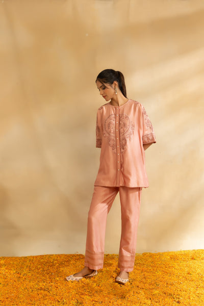 Rose gold silk chanderi Kaftan shirt set and pant