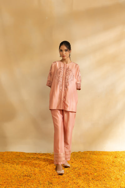 Rose gold silk chanderi Kaftan shirt set and pant