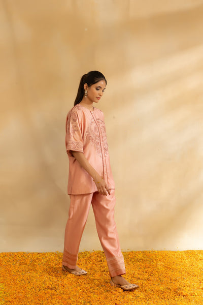 Rose gold silk chanderi Kaftan shirt set and pant