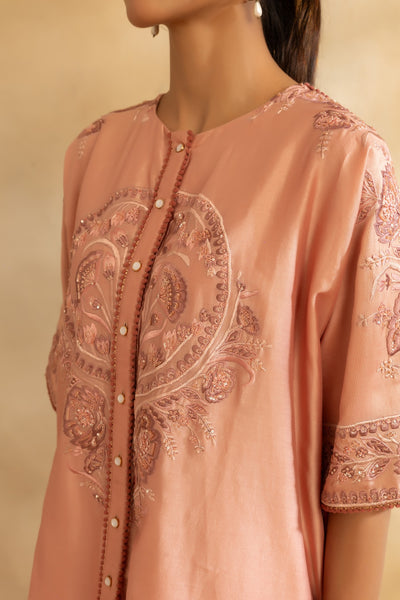 Rose gold silk chanderi Kaftan shirt set and pant