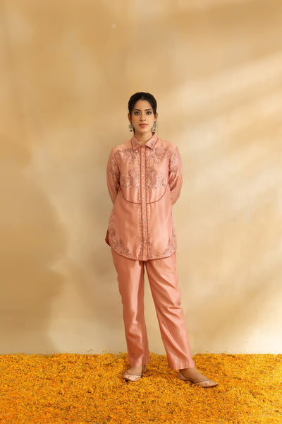 Rose gold chanderi shirt set and pant