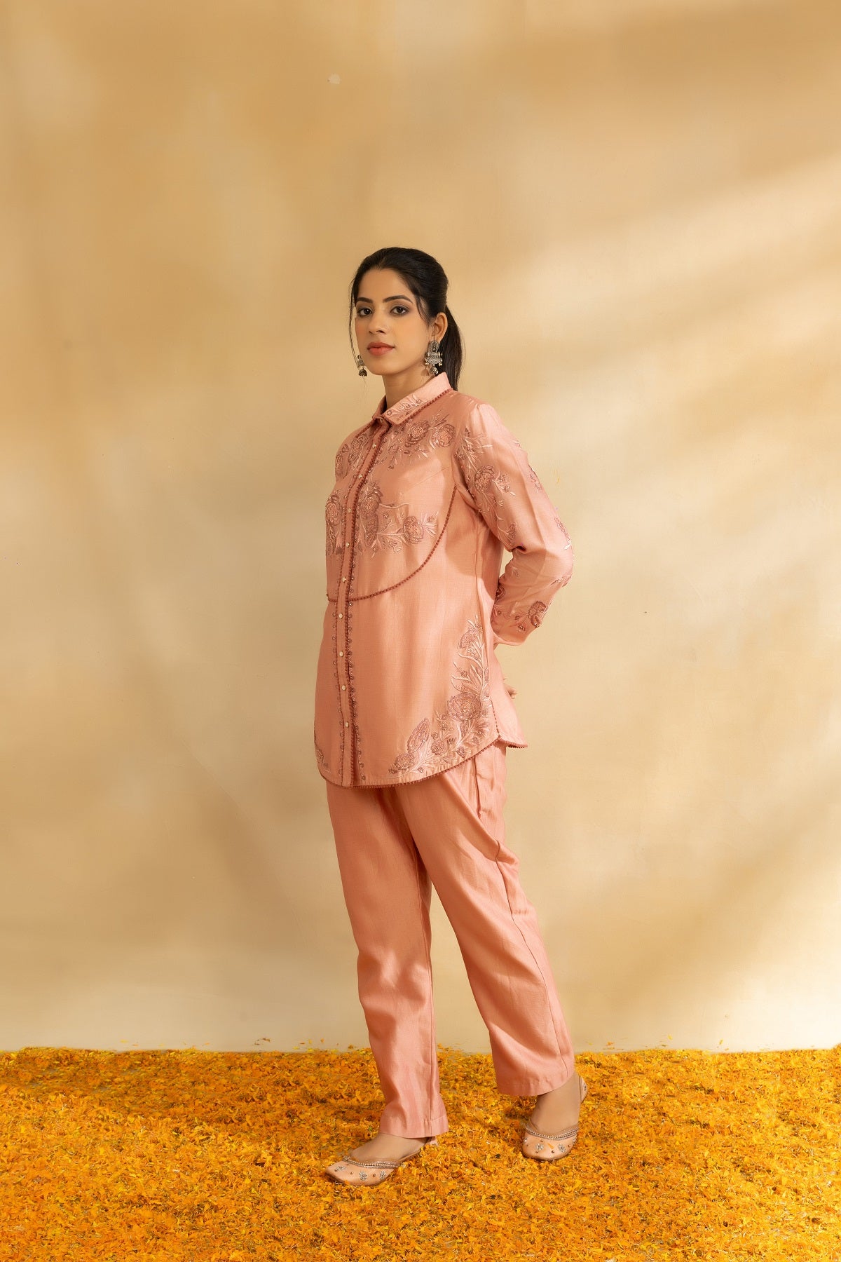 Rose gold chanderi shirt set and pant