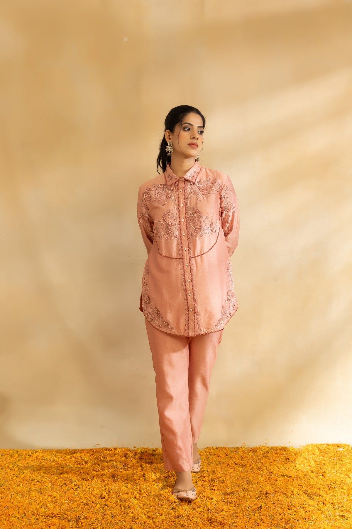 Rose gold chanderi shirt set and pant