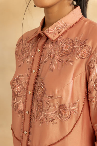 Rose gold chanderi shirt set and pant