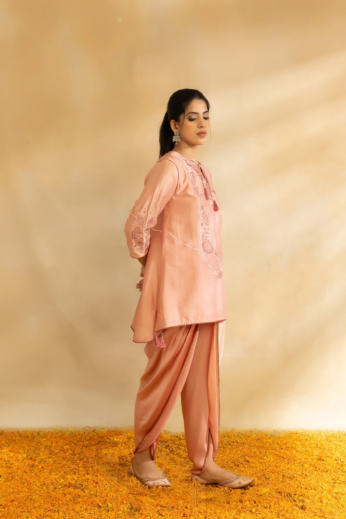 Rose Gold silk chanderi kurti set and dhoti pants