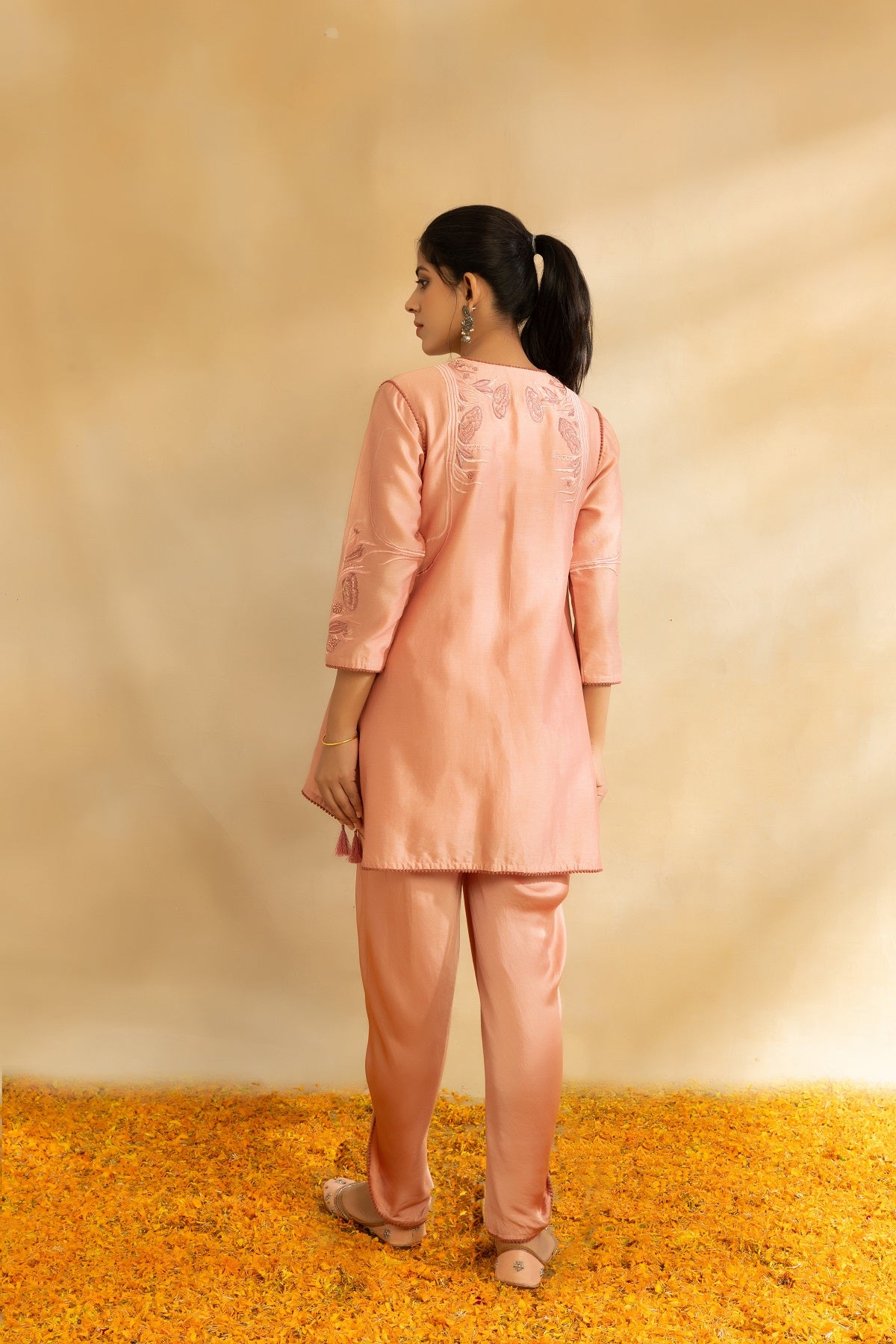 Rose Gold silk chanderi kurti set and dhoti pants