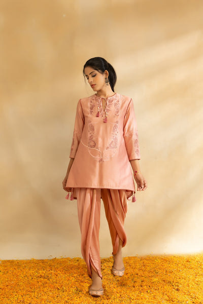 Rose Gold silk chanderi kurti set and dhoti pants