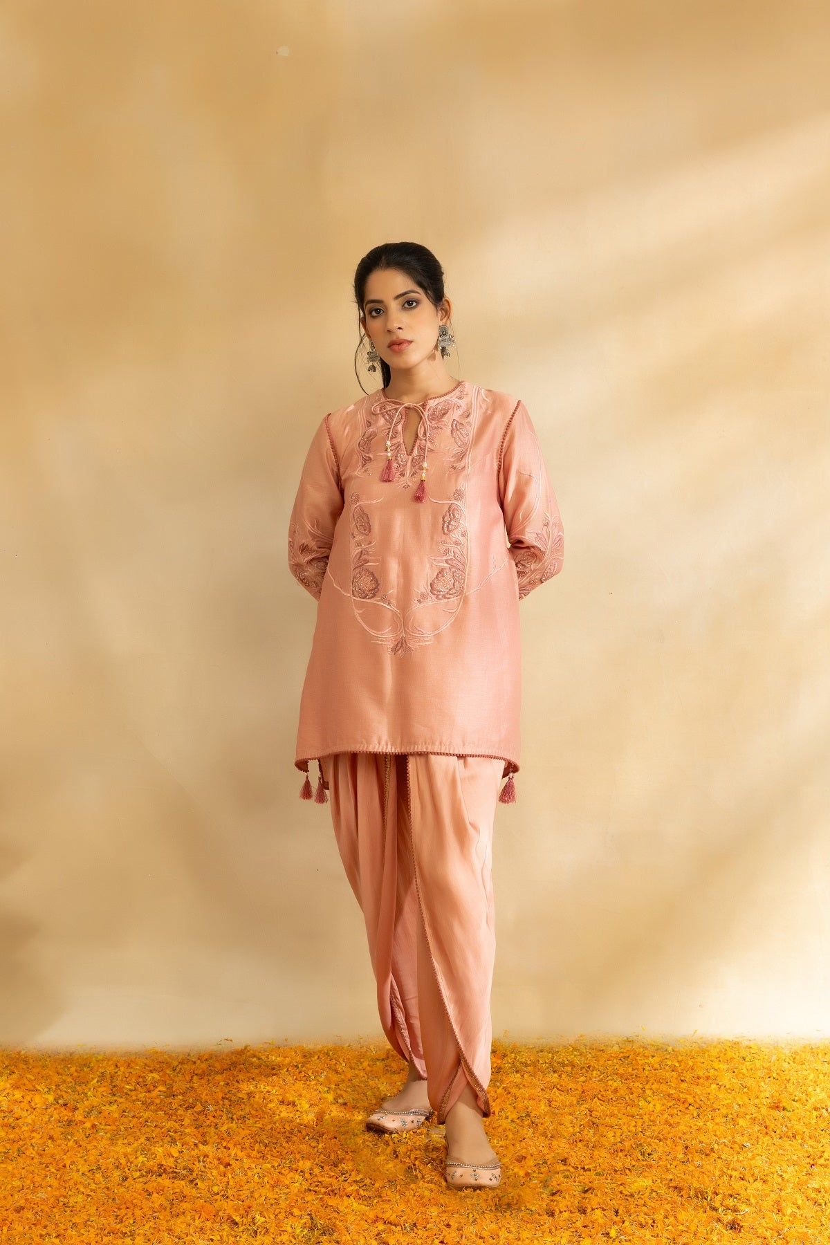 Rose Gold silk chanderi kurti set and dhoti pants